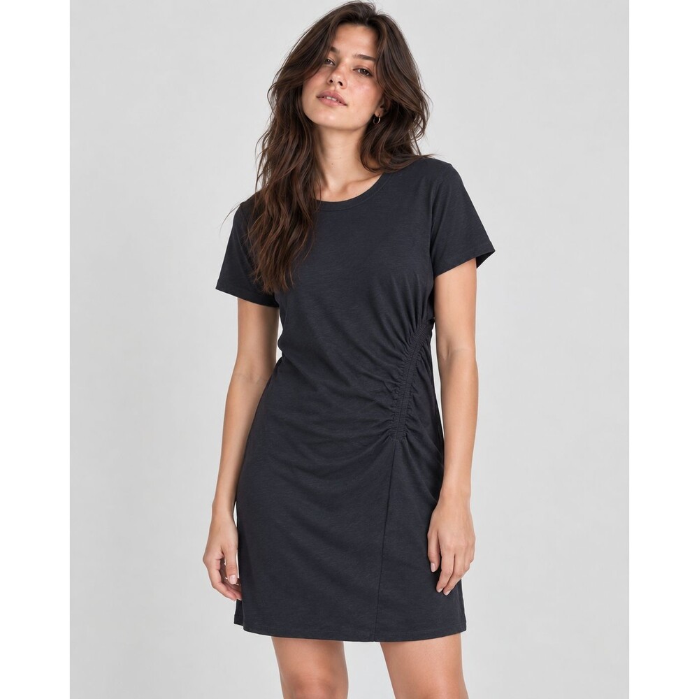 Women L Black Ruched T Shirt Dress Short Sleeve Minimalist Casual Stretch Fitted